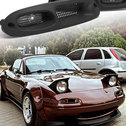 Mazda Miata MX-5 NA Roadster front bumper turn signals, clear or amber lens, plug-and-play turn signal upgrade, improved brightness, high-output LED flashers, track-ready visibility, JDM-spec styling.

