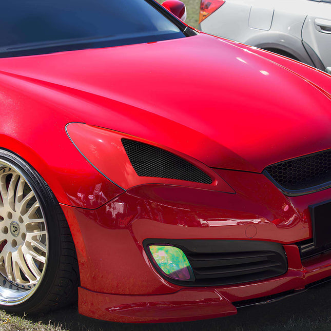 Genesis Coupe carbon fiber hood, vented race hood, lightweight construction, heat dissipation, track-spec aerodynamics, high-performance weight reduction, aggressive styling, JDM-style fitment, custom body modification.

