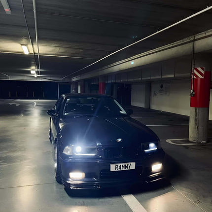 BMW E36 LED projector headlights with angel eyes and dynamic DRL for improved visibility and modern styling. A perfect lighting upgrade for Coupe, Sedan, Wagon, and Cabriolet models.