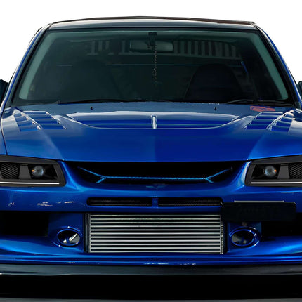 Mitsubishi Evolution 7, 8, 9 carbon fiber hood, vented race-spec bonnet, optimized airflow, lightweight cooling upgrade, track-inspired styling, aggressive aerodynamics, high-performance heat extraction.

