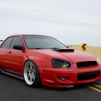 Rear view of a 2004 Subaru Impreza WRX STi, emphasizing the large rear wing, quad-circle taillights, and STi badging, underscoring the model's high-performance credentials and aerodynamic enhancements.

