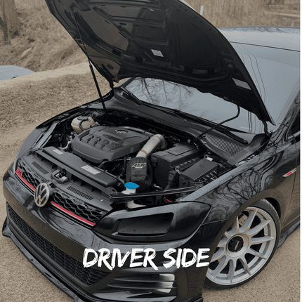 Golf 7.5 R turbocharger upgrade, larger turbo kit, increased boost pressure, high-performance turbo, aftermarket forced induction, enhanced acceleration, billet compressor wheel, direct bolt-on, supporting hardware included, performance turbo upgrade.
