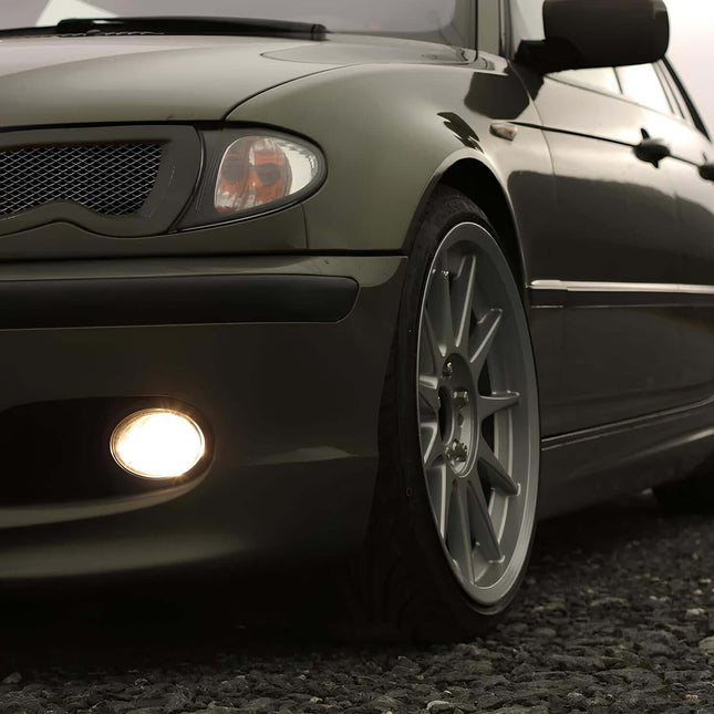BMW E46 staggered fitment wheels, forged lightweight wheels, 330i performance wheel upgrade, E46 aggressive stance wheels, 325i custom wheel fitment, track-spec alloy rims, concave racing wheels, wide stance wheels, high-performance grip upgrade.