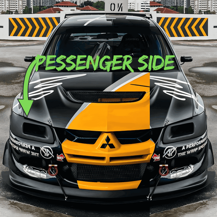 Lancer Evolution VII, VIII, IX carbon fiber hood, vented heat-reducing design, lightweight race-spec construction, improved engine cooling, aggressive styling, aerodynamic upgrade, high-performance airflow optimization.

