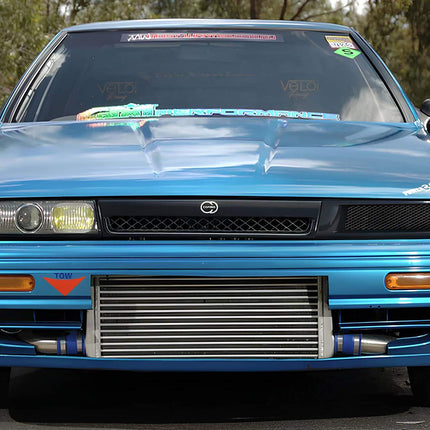 Nissan Cefiro A31 full aluminum radiator upgrade, high-capacity dual-core cooling system, reinforced silicone hoses, improved heat dissipation, track-ready cooling system, lightweight performance enhancement.

