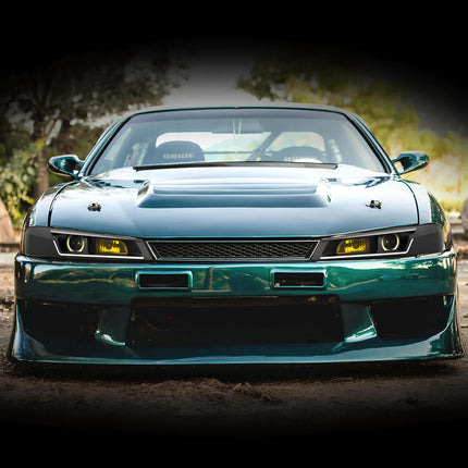 Nissan Silvia S14 aluminum racing radiator, high-capacity dual-core cooling system, reinforced silicone hoses, optimized engine temperature management, track-ready cooling performance.

