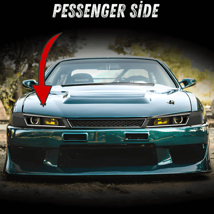 Nissan 240SX front splitter, carbon fiber aerodynamic upgrade, increased front-end downforce, race-proven track stability, aggressive styling, lightweight design.

