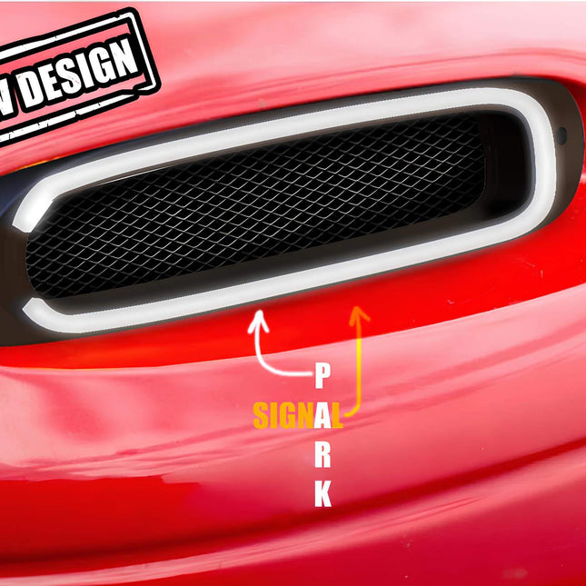 Mazda Miata MX-5 NA Roadster front bumper LED signal conversion, bright amber sequential flashers, track-ready safety enhancement, plug-and-play installation, stylish front-end visibility upgrade.

