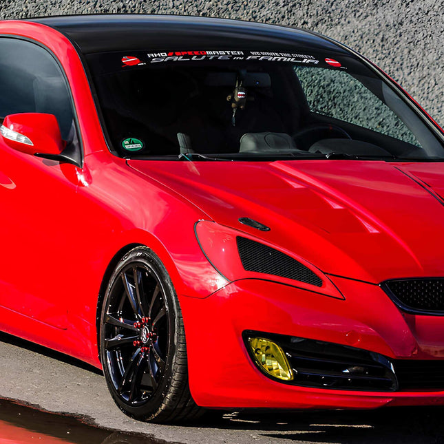 Hyundai Genesis Coupe big brake kit, slotted rotors, drilled rotors, ceramic brake pads, stainless steel brake lines, high-performance braking, track-ready stopping power, upgraded calipers, reinforced braking system.

