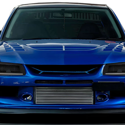 Lancer Evolution VII, VIII, IX aluminum racing radiator, dual-core high-capacity cooling, reinforced silicone hoses, optimized engine temperature management, track-ready cooling performance.

