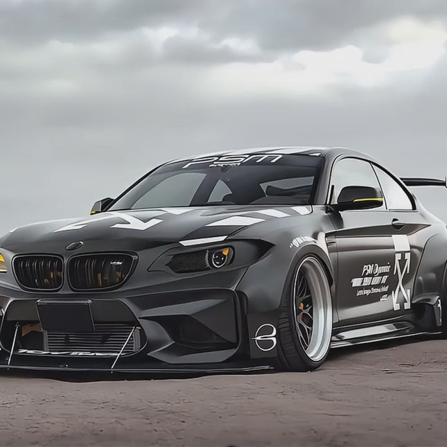 "A BMW M2 (F87) in a striking paint finish, featuring wide fenders, large air intakes, and an aggressive stance."