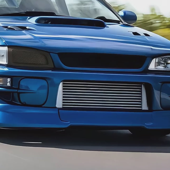 GC8 high-capacity intercooler upgrade, aluminum core construction, optimized forced induction cooling, track-proven intake temperature reduction, turbocharged power improvement.

