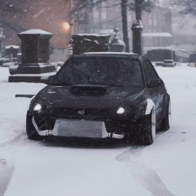 Subaru WRX STI carbon fiber hood, lightweight aerodynamic upgrade, improved engine cooling, race-proven heat dissipation, track-tuned styling enhancement.

