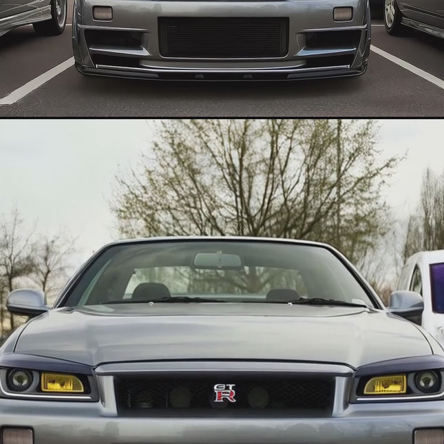 Nissan Skyline R34 hydraulic drift handbrake kit, reinforced chassis mounting, high-performance brake locking, aggressive drift setup, track-spec emergency brake system.

